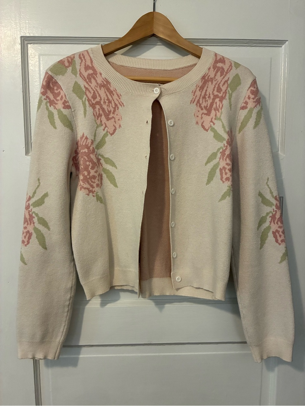 Pale Pink Cardigan with Pink Floral and Green Leaves